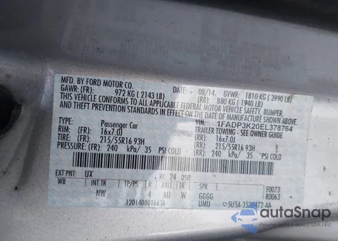 2014 Ford Focus Se z USA, uszkodzony, nr VIN 1FADP3K20EL378764